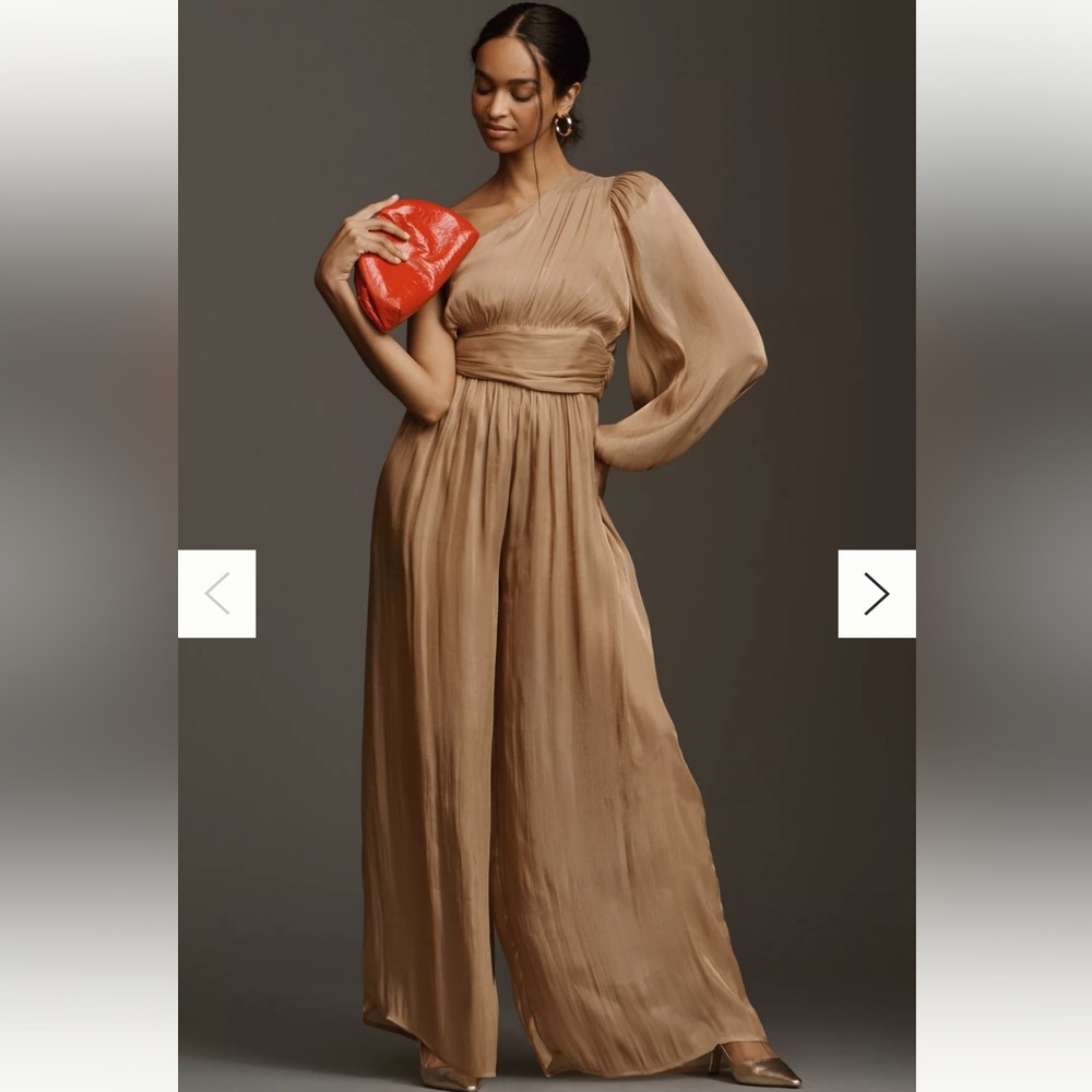 Anthropologie One-Shoulder Wide-Leg Jumpsuit in Camel with Puff Sleeve